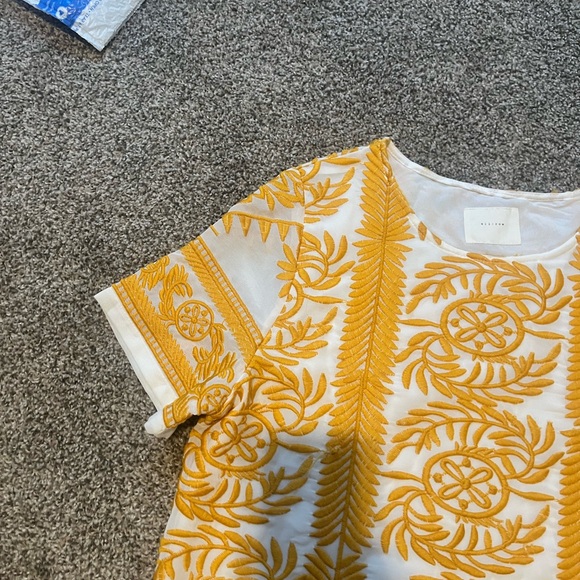 All:Row White and Yellow Embroidered Mini Dress | Boho Shift Dress Size L - Picture 10 of 13